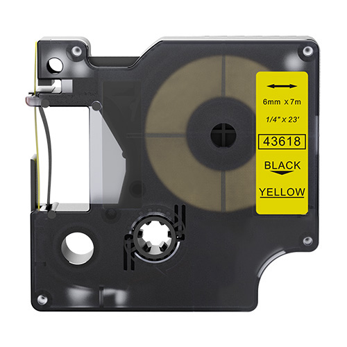 Su Dymo 43618 suderinamos etikečių juostos, juoda spauda geltoname fone, 6 mm × 7 m