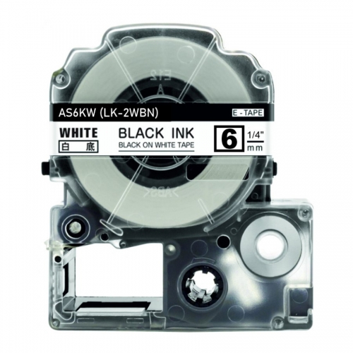Su Epson LK-2WBN suderinamos etikečių juostos, juoda spauda baltame fone, 6 mm × 8 m
