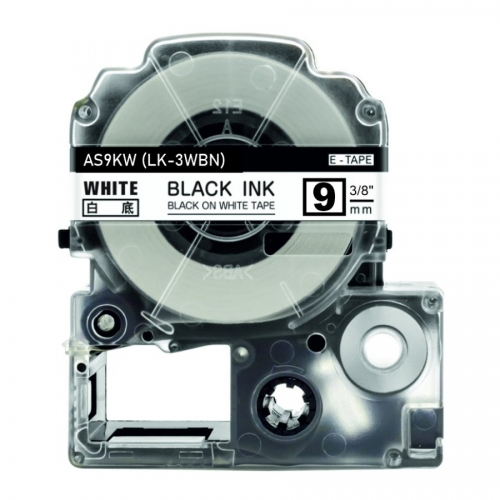 Su Epson LK-3WBN suderinamos etikečių juostos, juoda spauda baltame fone, 9 mm × 8 m