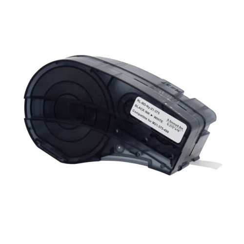 Su Brady M21-375-499 suderinamos etikečių juostos, juoda spauda baltame fone, 9,53 mm × 4,88 m